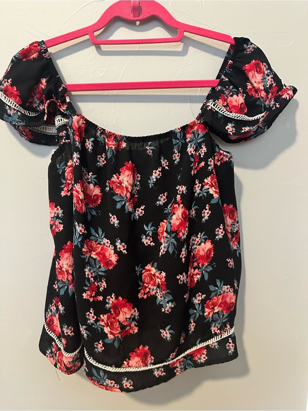 Lily White Black Off-Shoulder Top with Red Floral Print